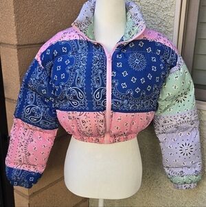 36Point5 Cropped Quilted Puffer Jacket Handkerchief Pattern
